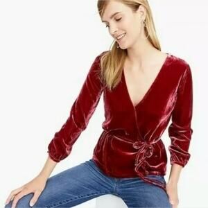 J CREW Faux Wrap Top In Drapwy Velvet Burgundy Red Dressy Holiday Size 10